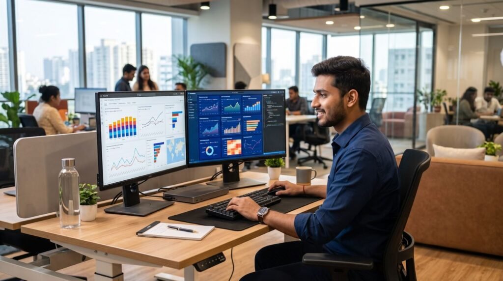 Professional analyzing data visualization dashboard